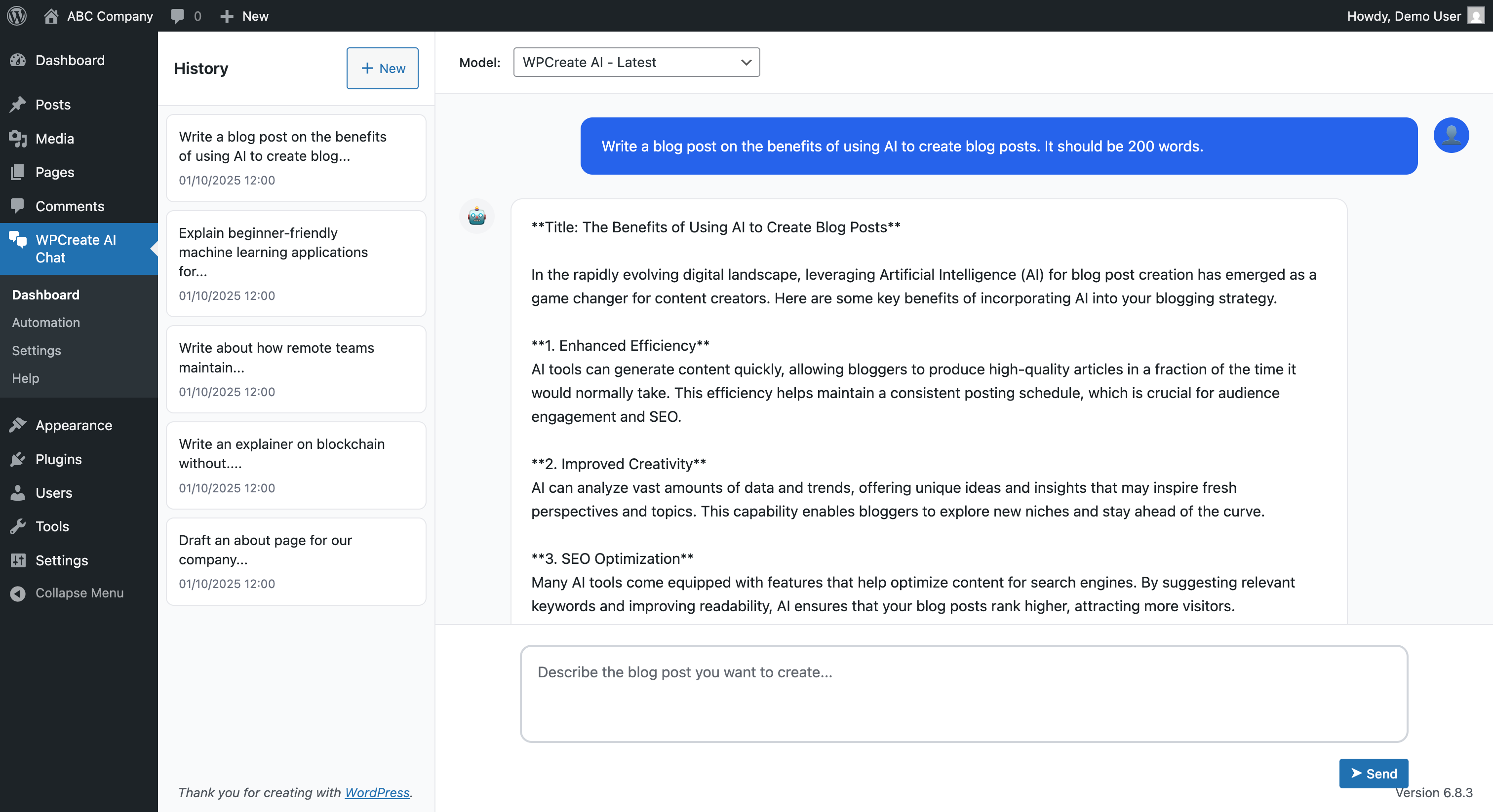 WPCreate AI Chat Generator Interface